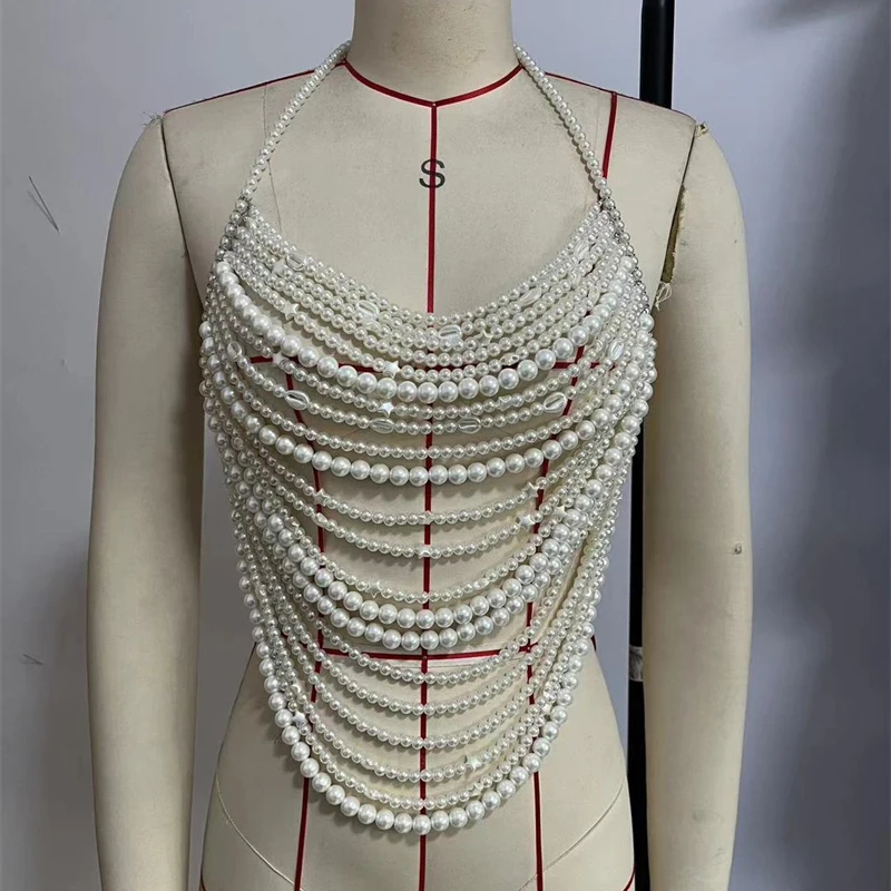 Damen Crop Top Mehrschichtige Perlen-Körperkette Halter Bikini Cover-Up Strand Nachtclub Party Schmuck Rave Festival Kleidung – Detail 3
