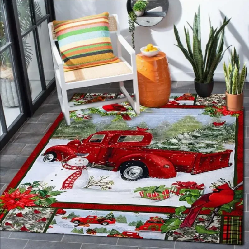 1pc Christmas Red Truck Area Rug with Christmas Tree Patterned Christmas Floor Mat Large Size Mats Terrace Home Decoration Rugs