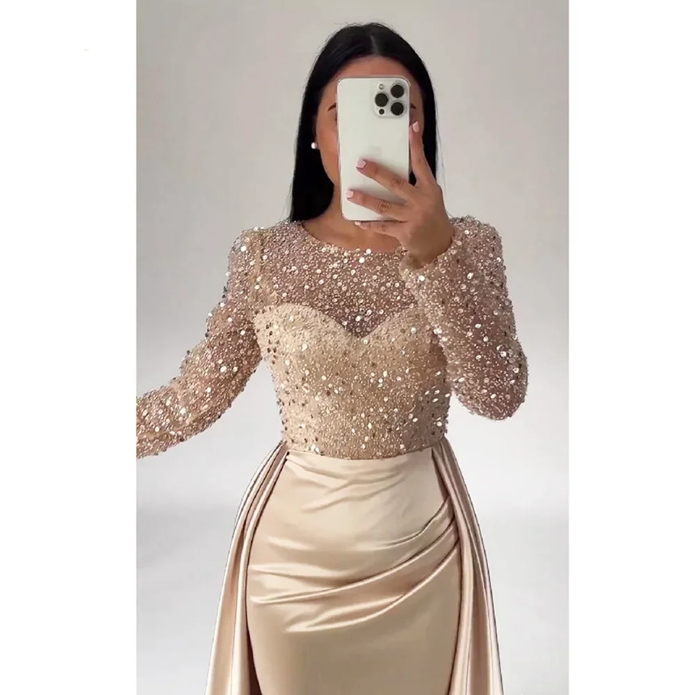 Vestido de noche musulmán de manga larga con cuentas y lentejuelas, sirena, cuello redondo, satén, Formal, para fiesta de baile, personalización