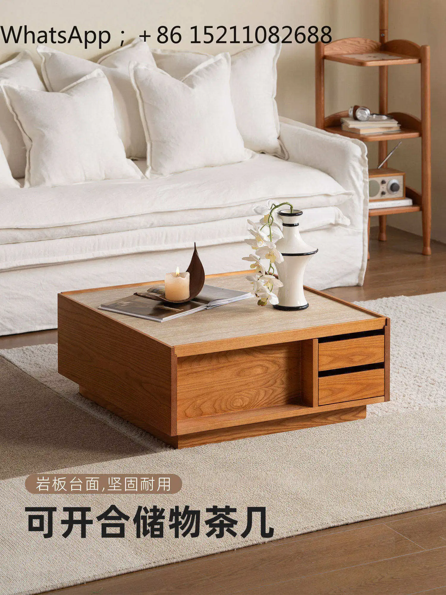 LLY solid wood rock slab double pumping storage square coffee table living room antique household tea table tea table