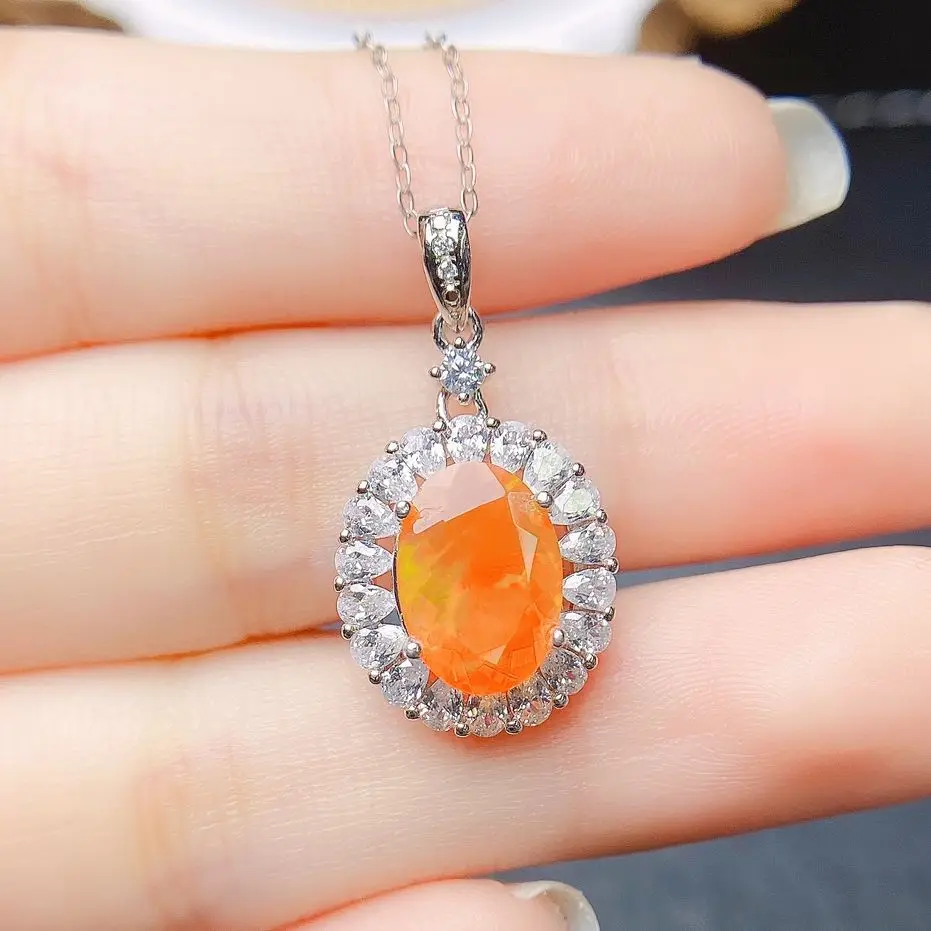 

Fine Jewelry Halo CZ Pendant 925 Sterling Silver Natural Orange Fire Opal Pendant Necklace Engagement Wedding Jewelry For Gift