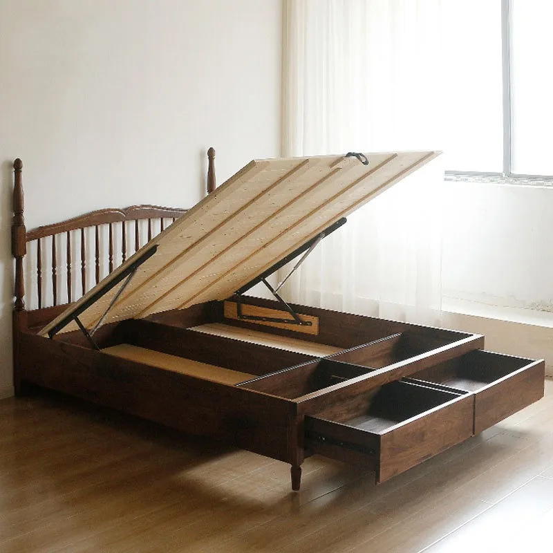 North American black walnut solid wood French retro storage bed, cherry wood log antique double drawer double bed