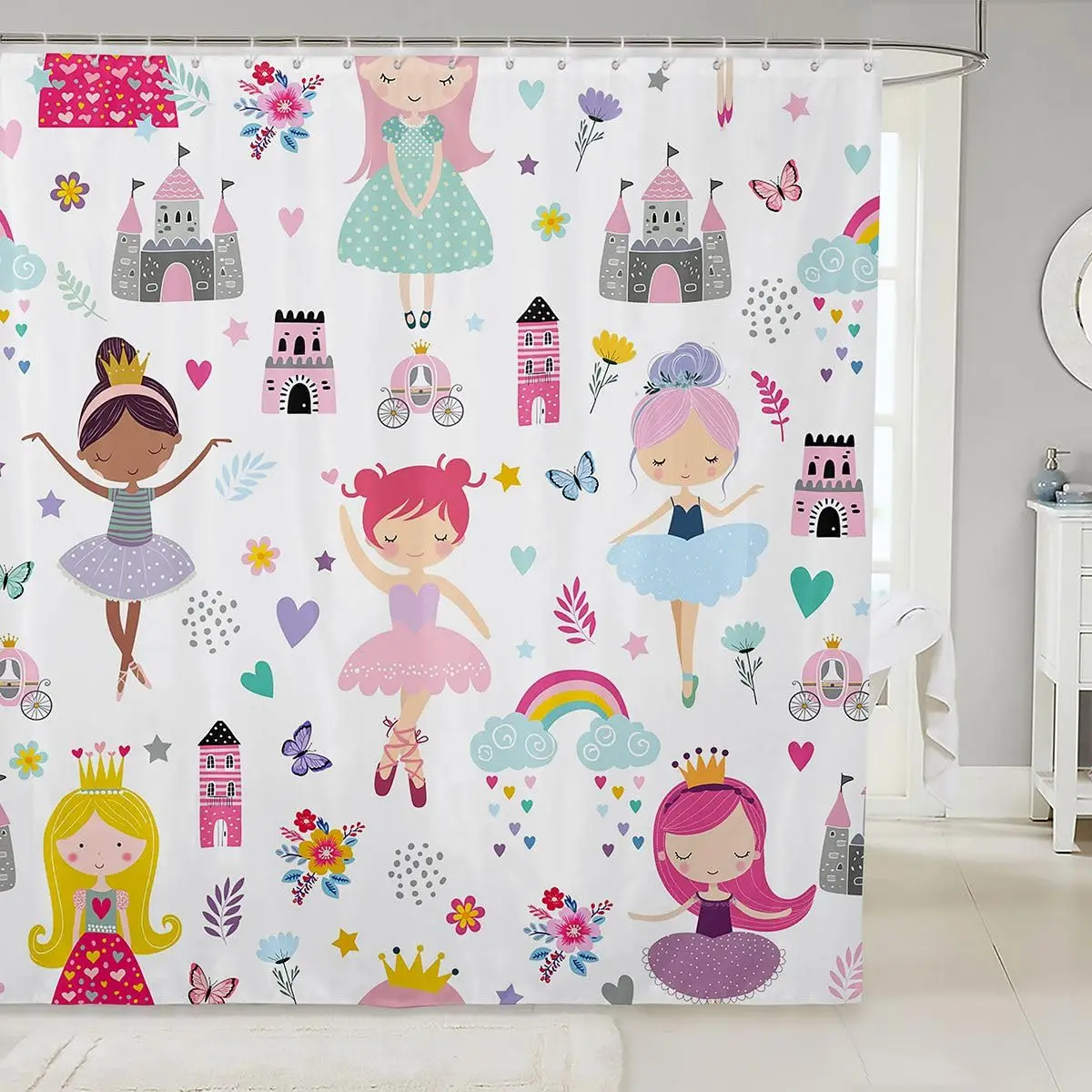 Kids Ballet Shower Curtain Cartoon Bathroom Curtain with Hooks Funny Ballerina Dancer Bath Curtain for Boys Girls