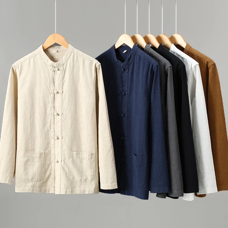 Ramie Cotton Blend Shirts For Men Long Sleeve Tang Costume Loose Spring Quality Breathable Frog Button Premium Camisas De Hombre
