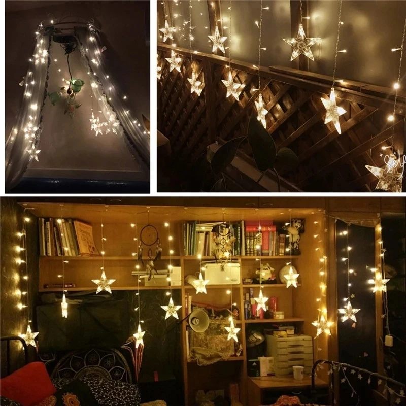 LED Curtain String Lights New Year 2M 6.5ft Christmas Fairy Garland Star Indoor 138LEDs 8 Modes For Home Decoration 220V EU PLUG