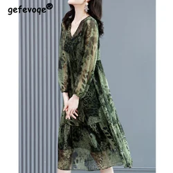Vintage Elegant Leopard Print Button Two Piece Sets Dresses Autumn 2022 New Wrist Sleeve V-Neck Loose Midi Dress Ladies Clothing