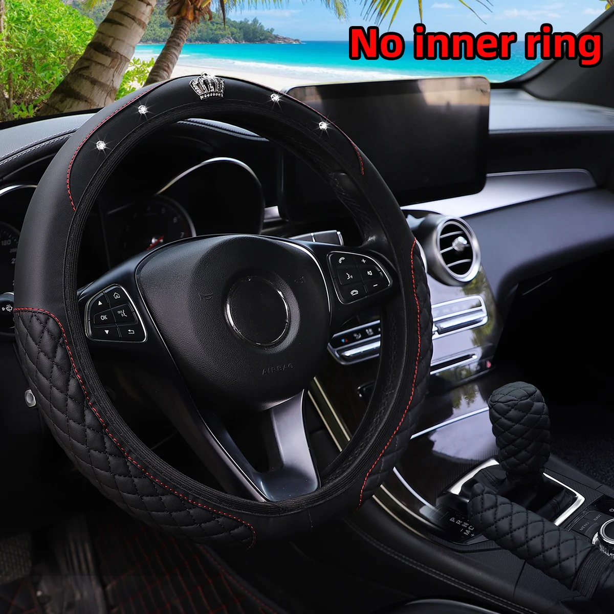3-teiliges PU-Leder Lenkradbezug-Set mit Kronen-Diamant-Intarsien, Schalthebel-Abdeckung und Handbremsen-Abdeckung für Autos ohne Innenring – Detail 6
