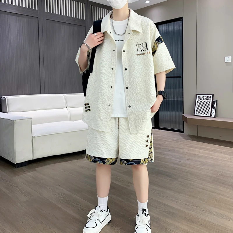 

Men's Summer Casual Sports Ice Silk Thin ort Sve irt Five-Quarter orts Two-Piece Set Polyester Fiber Youth Outfit