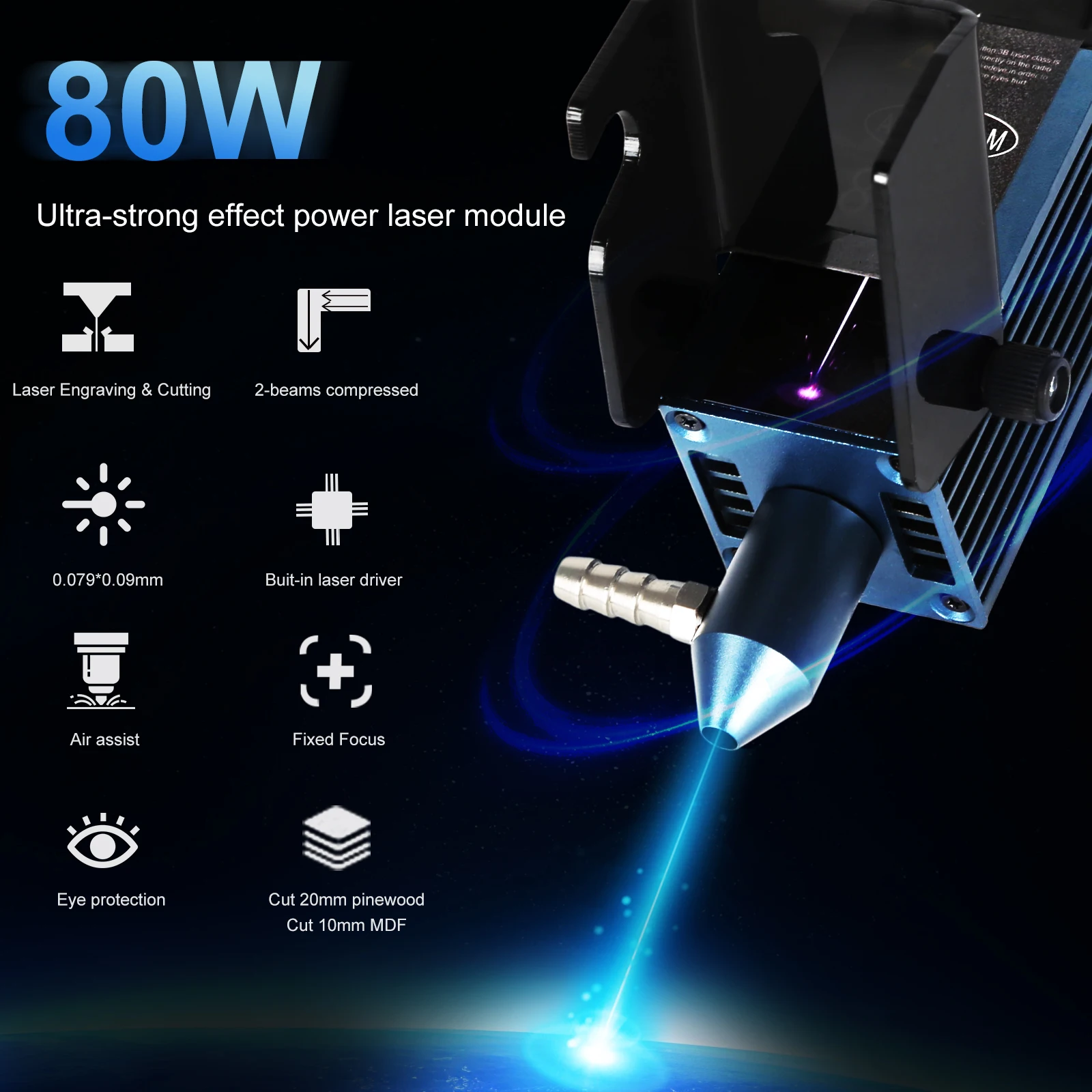 AENBUSLM 40W 80W Modulo laser 450nm Ugello a luce blu Testa per incisione laser CNC con assistenza aerea Taglio laser Strumenti per la lavorazione del legno