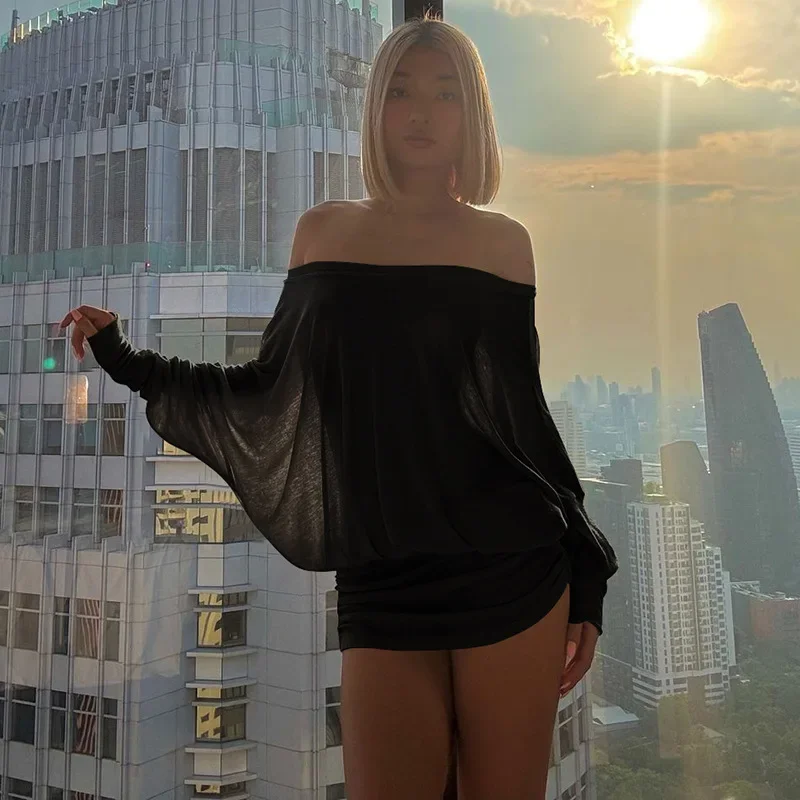 XIAOTANG Off Shoulder Sheer Mini Dress Outfits for Women Sexy Long Sleeve Ruched Party Dresses Bodycon Solid Color Robe Femme