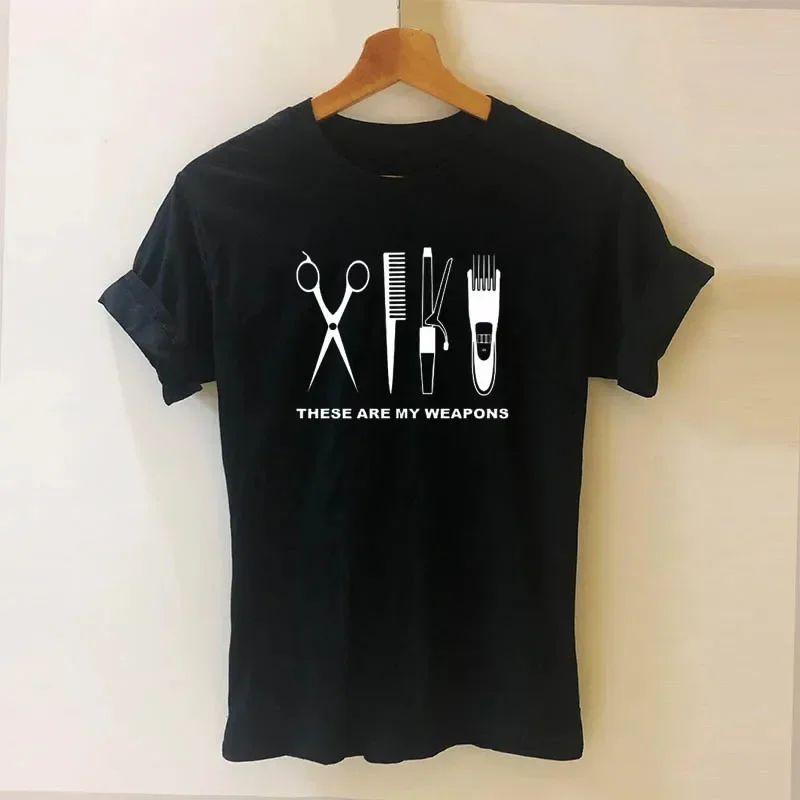 Hairdresser Arms T-Shirt Ladies Short Sleeve O-Neck Cotton Hairdresser Plus Size T-Shirt Girls Ladies Scissors Clothing Top