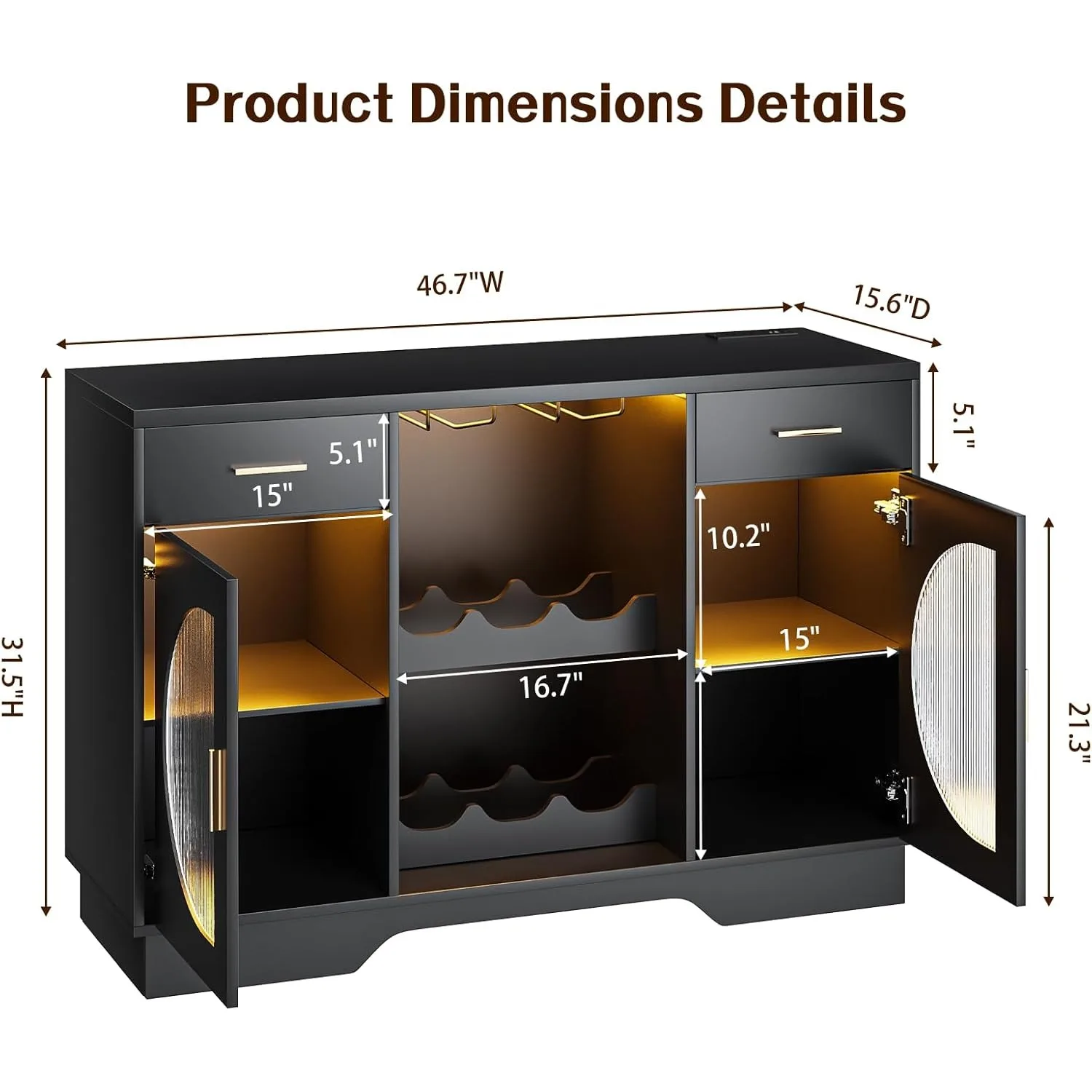 Coffee Bar Cabinet with Fridge Space Wine Bar LED Lights Power Outlet Glass Doors Freestanding Liquor Cabinet Black image 8