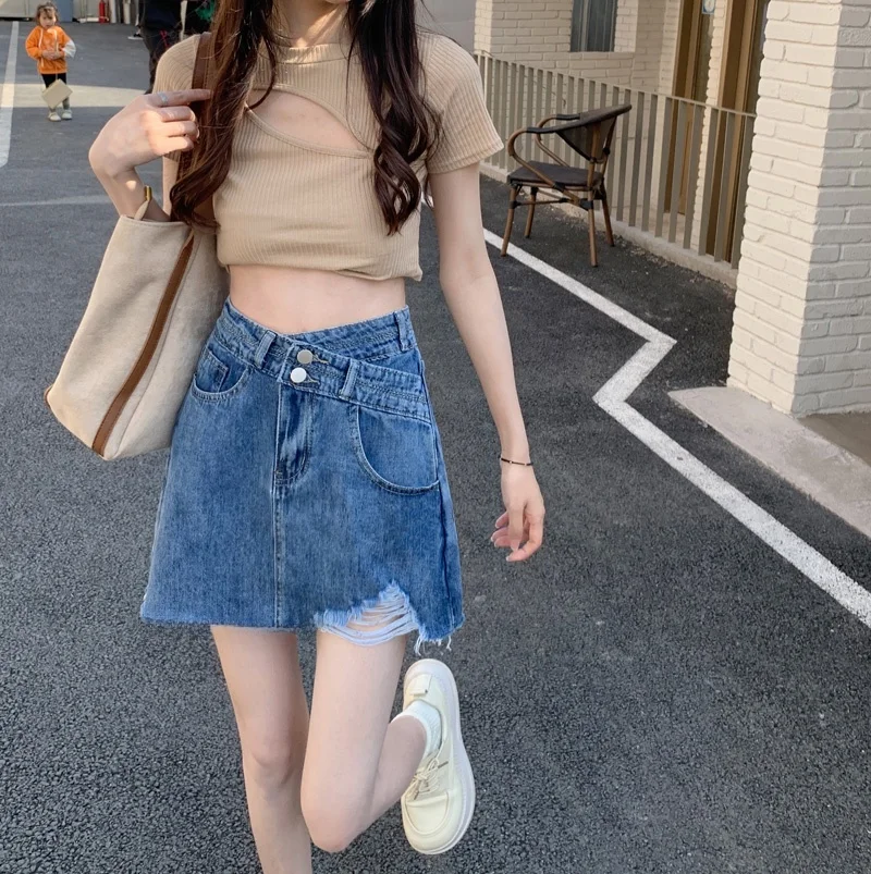 High Waist A-Line  Skirt Women's Denim Skort Summer New Style Anti-Light Slimming Covering Short Skirt Korean Style