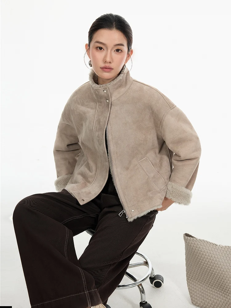 الراقية الفاخرة ميرينو الأغنام الفراء امبسوول سترة للنساء بسيطة الوقوف طوق قصيرة الشتاء جلد طبيعي معطف الفرو الحقيقي من جلد الغزال