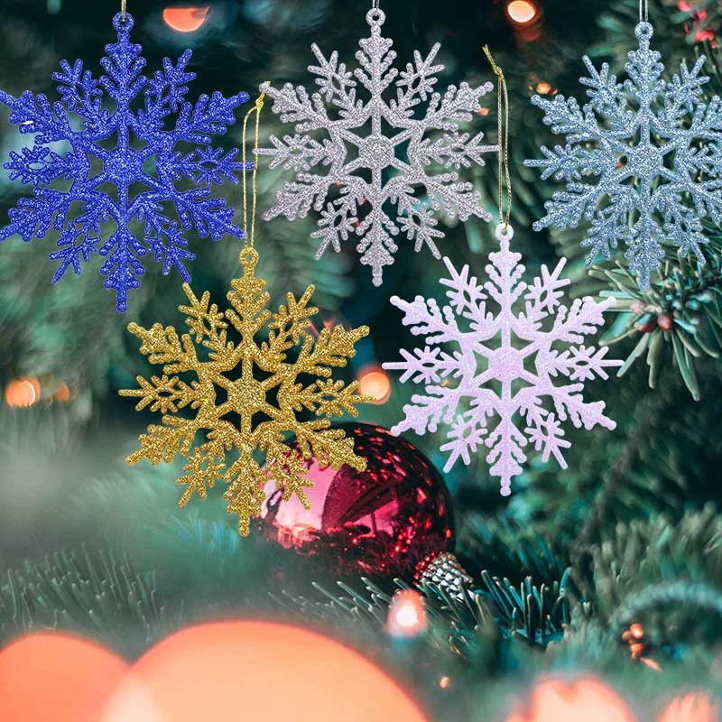 6/12pcs Christmas Snowflakes Decorations Colorful Glitter Artificial Plastic Fake Snowflake Xmas Tree Pendant Hanging Ornament ﻿