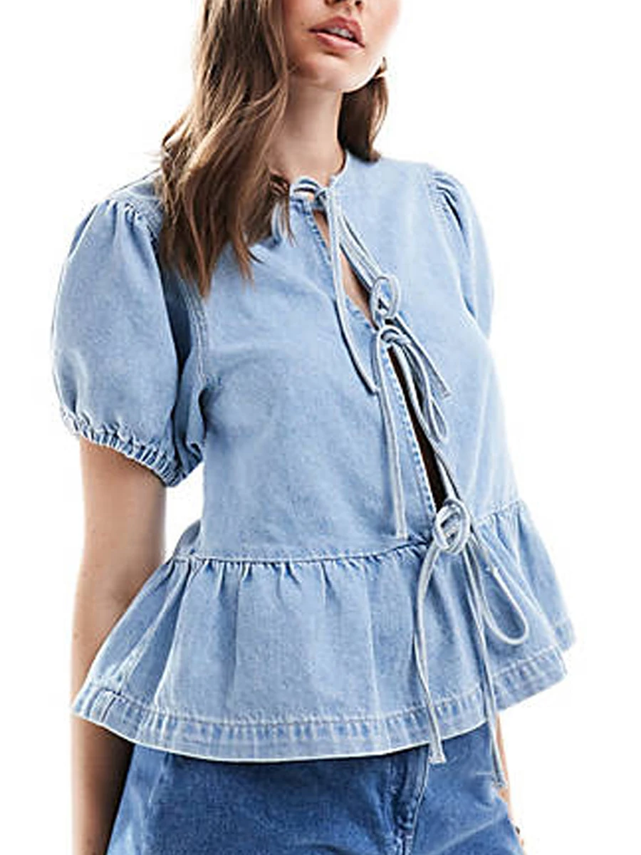 Women's Summer Fashion Denim Shirt Solid Color Short Puff Sleeve Tie Front Peplum Blouse Babydoll Shirts Tops Streetwear