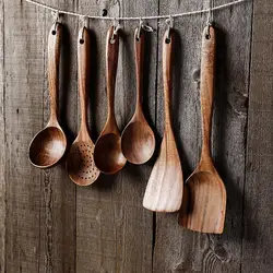 4PCS wooden Cooking Spoons Natural Wooden Kitchen Tableware Tool Soup Spoon Colander spoon Spatula Thin Spatula or Fork Utensils