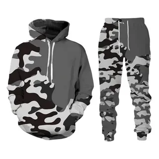 Conjunto de agasalho estampado em camuflagem 3D masculino, capuz e calças, roupas esportivas oversize, roupas casuais, ao ar livre, 2 peças