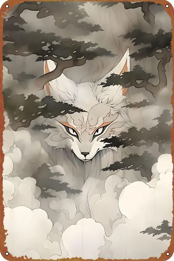 Mystical Forest Kitsune Anime Posters Vintage Tin Sign Unique Metal Wall Decor for Home, Bar, Diner, Pub, ,Fun Kitc-aluminum