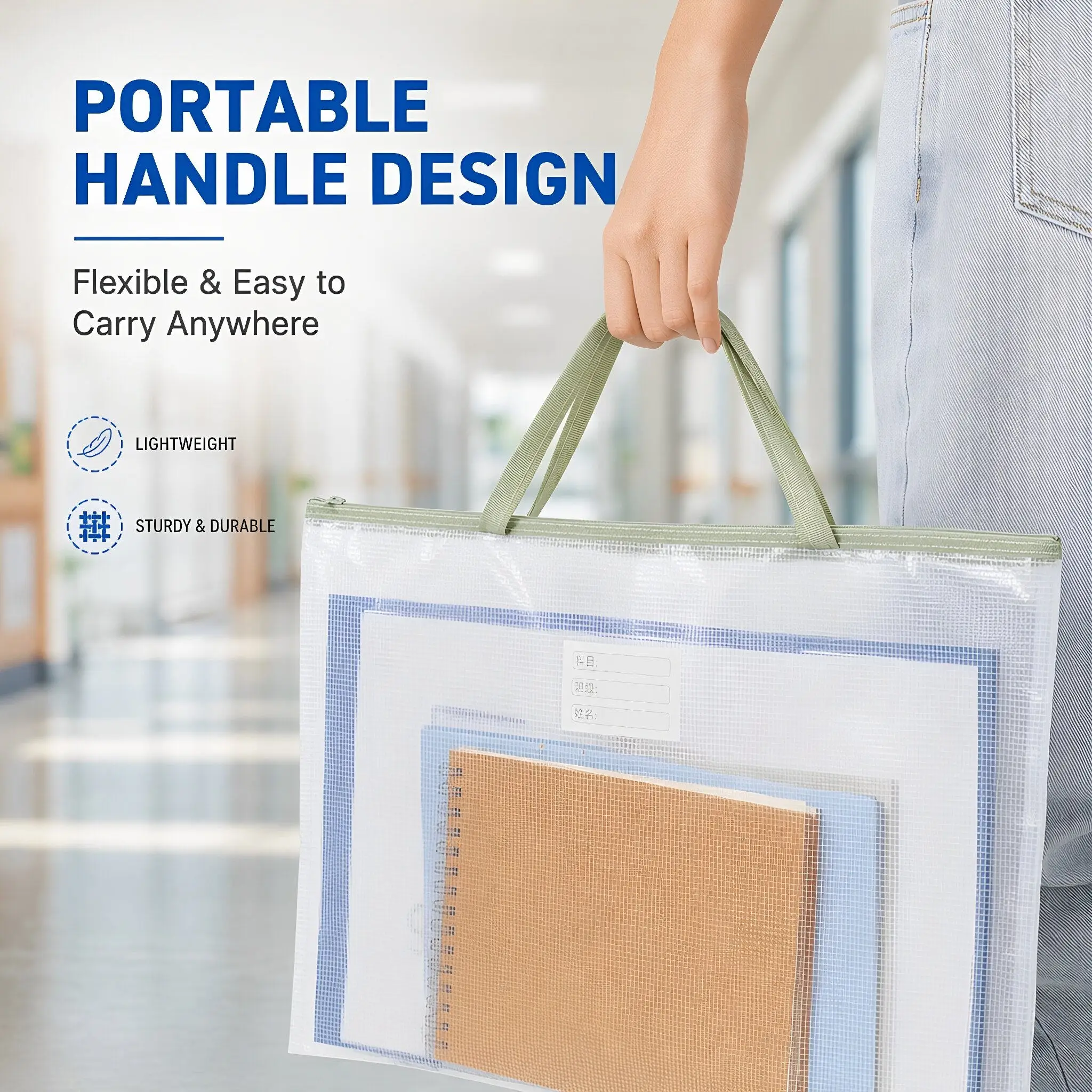4Pcs Waterproof PVC File Bags Zip Document Pouch Large Capacity A2 Organizer Carry Handle Mesh Label Stickers Office Art