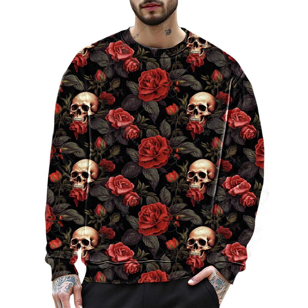 3D ดอกไม้กะโหลกกราฟิกเสื้อกันหนาวผู้ชายโกธิคการออกแบบสร้างสรรค์ O-คอแขนยาวเสื้อหลวมระบายอากาศได้ดีสบายเสื้อผ้า