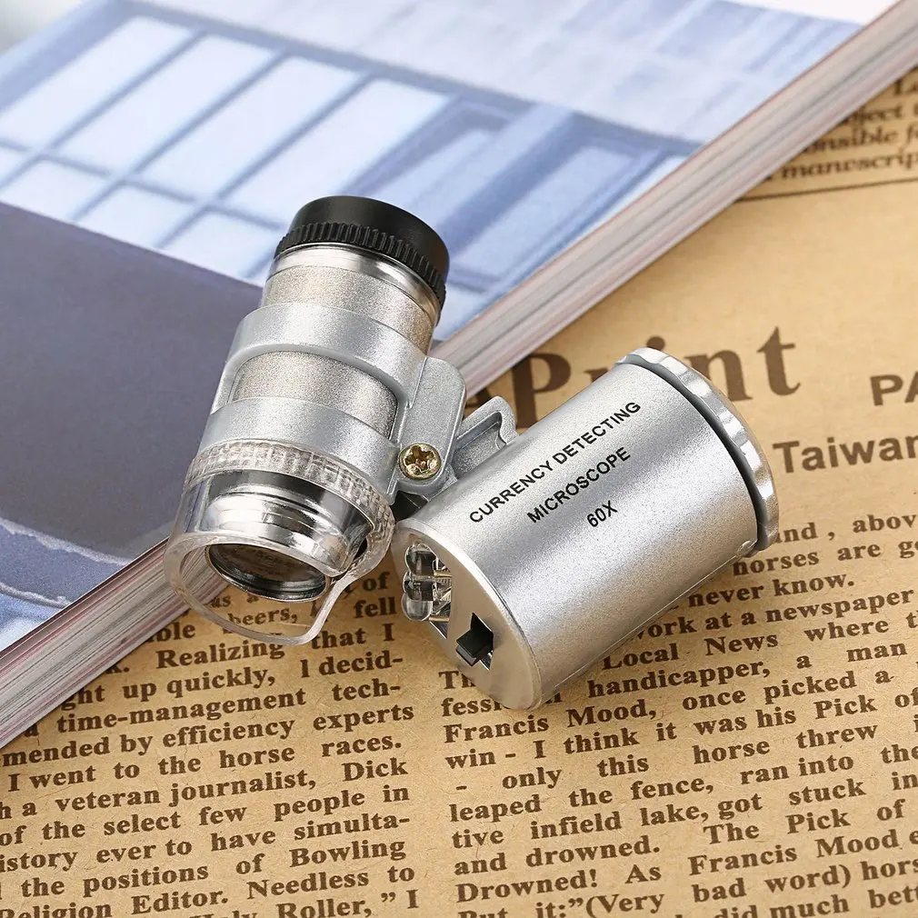 Mini Portable Handheld Money Tester 60X Currency Detecting Microscope Magnifier Loupe Glass LED Light UV Silver Microscope