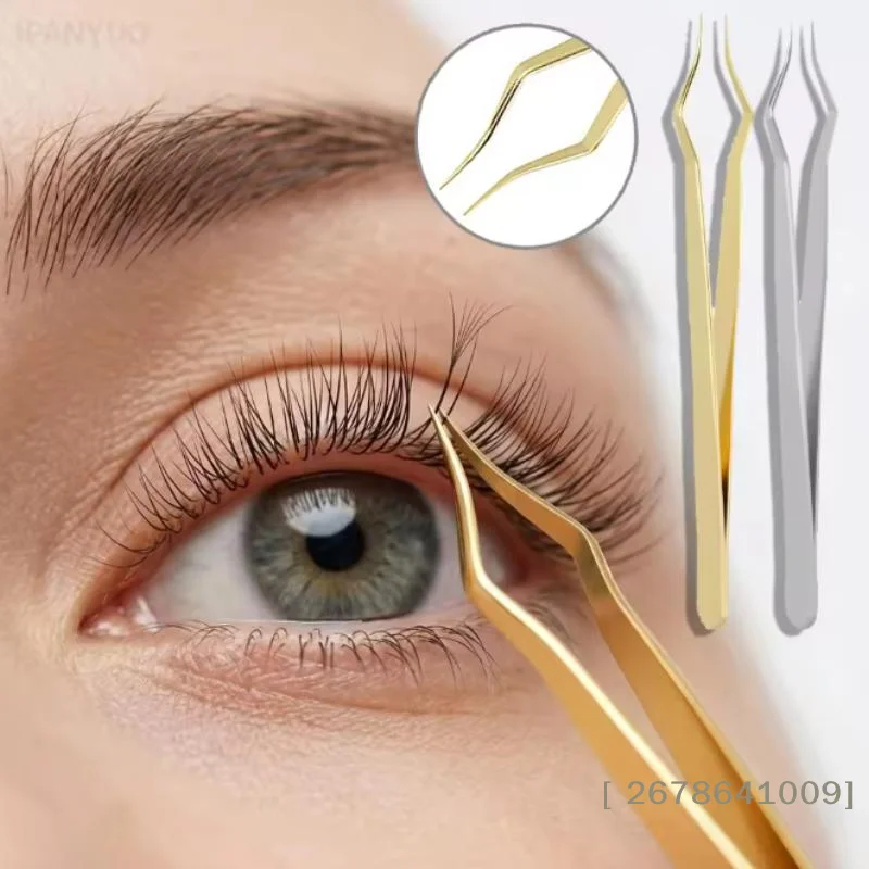 ⚑ 1 Set Edelstahl-Pinzetten für Wimpernverlängerung, rutschfester langer Griff, ultra-präzise Spitze für den Einsatz im Salon und zu Hause beim Wimperntransplantat.