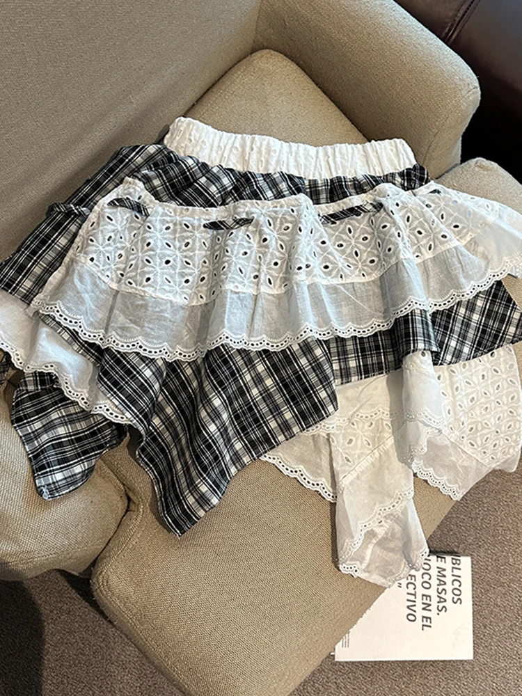 ผู้หญิงครึ่งกระโปรง 2025 ฤดูใบไม้ผลิ/ฤดูร้อนใหม่การออกแบบไม่สม่ําเสมอเผ็ดสาวกระโปรงมินิ Splicing ตารางลูกไม้ครึ่งกระโปรง
