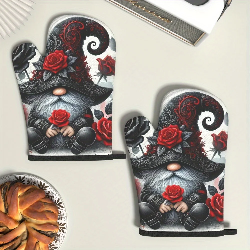 

2 шт. кухонные перчатки для духовки Gnome готические черные розы термостойкие кухонные перчатки для духовки подходят для гриля, приготовления пищи и выпечки