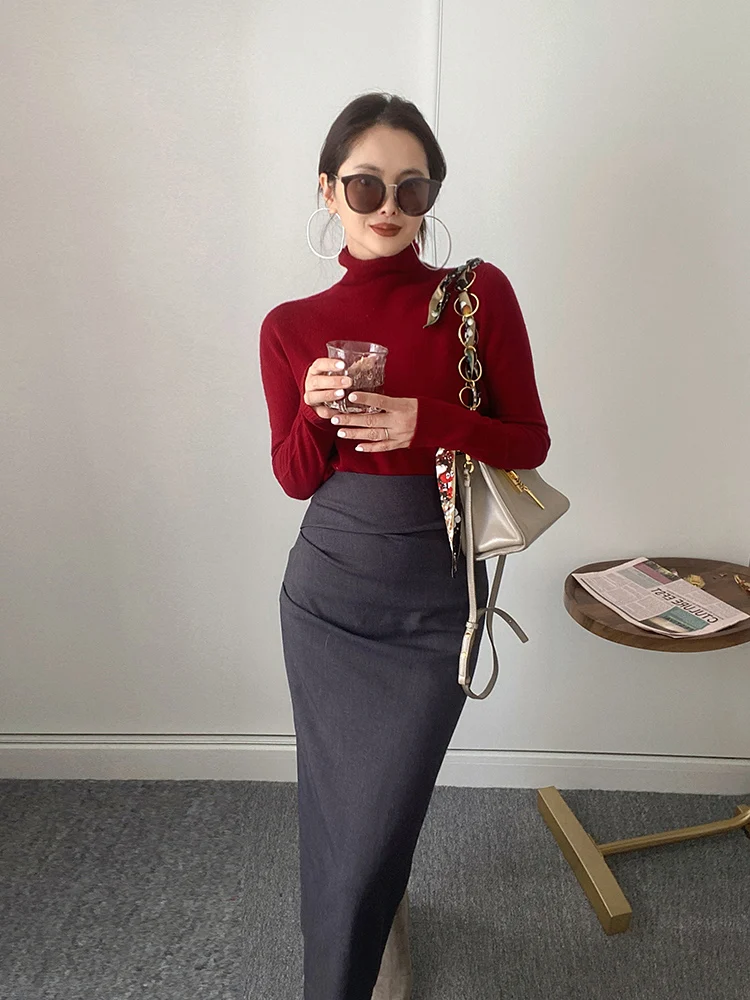 

Женский шерстяной свитер Akimbo с высоким воротом, красный, базовый слой, удобный крой, для ранней весны, модный, для повседневной носки