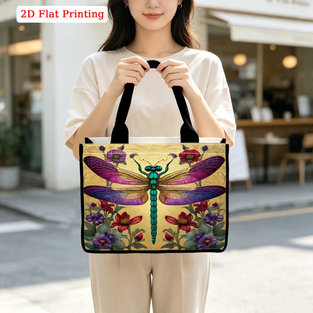 Dragonfly Flower Print Large Capacity Tote Bag Resistant Aesthetic Shoulder Bag For Women Work Commute School Shopping Travel