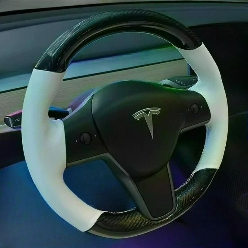 Hand-stitched renovation wear-resistant Non-slip carbon fiber yellow leather steering wheel cover For Tesla Model 3 2017-2021