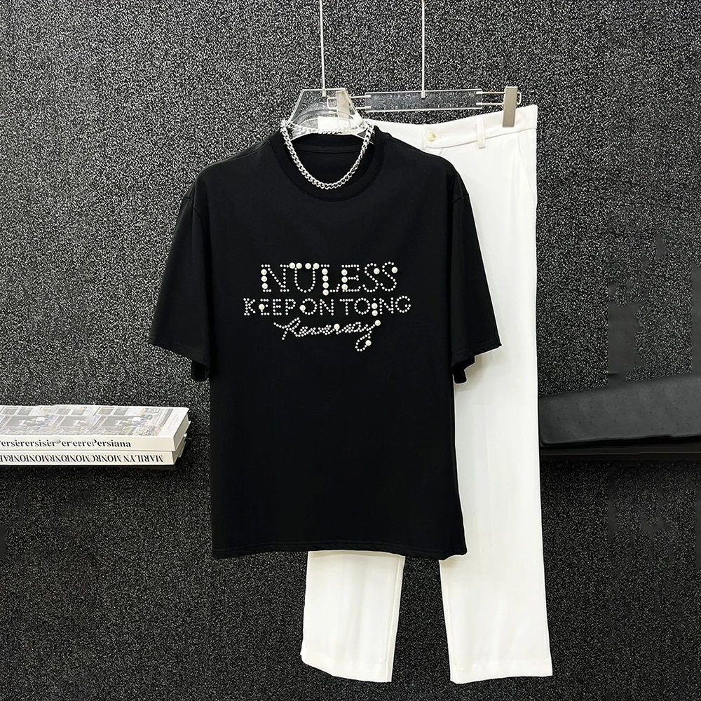 

2025 Summer Men's Y2k Pearl Letter Short Sleeve T-shirt Korean Fashion Retro Trend Street Hip-hop Loose Casual Niche Men's Tops