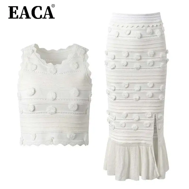 

EACA 2025 Spring/Summer New Design Feel Velvet Ball Decoration Sleeveless Short Top, Tank Top, Ruffle Edge Split Half Skirt Set