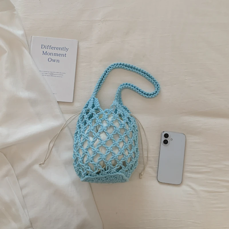 Summer Solid Hollow Out Crochet Mesh Women's Tote Bag Hot Sale Beach Casual Travel Bags Drawstring Woven Youth Shoulder Bags