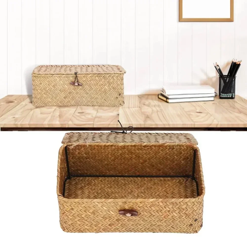 Handmade storage basket with lid, rectangular seaweed, rattan fabric, cosmetics, multi-purpose container, natural box