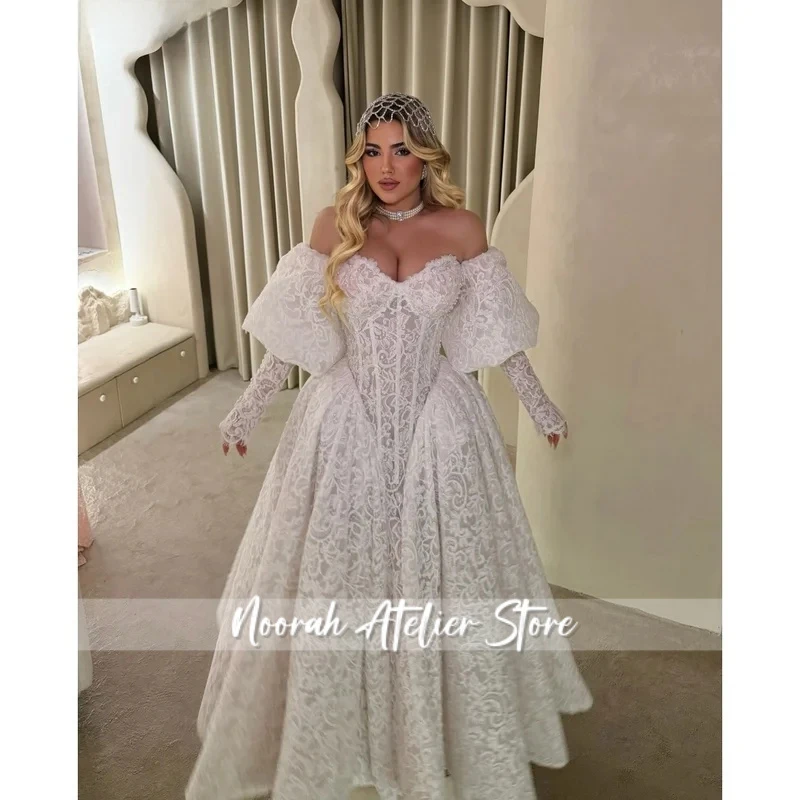 

Off Shoulder Lace Ball Gown Wedding Dress with Long Sleeves Neckline Corset Bridal Gown Custom Made Vestido de Novia Customized
