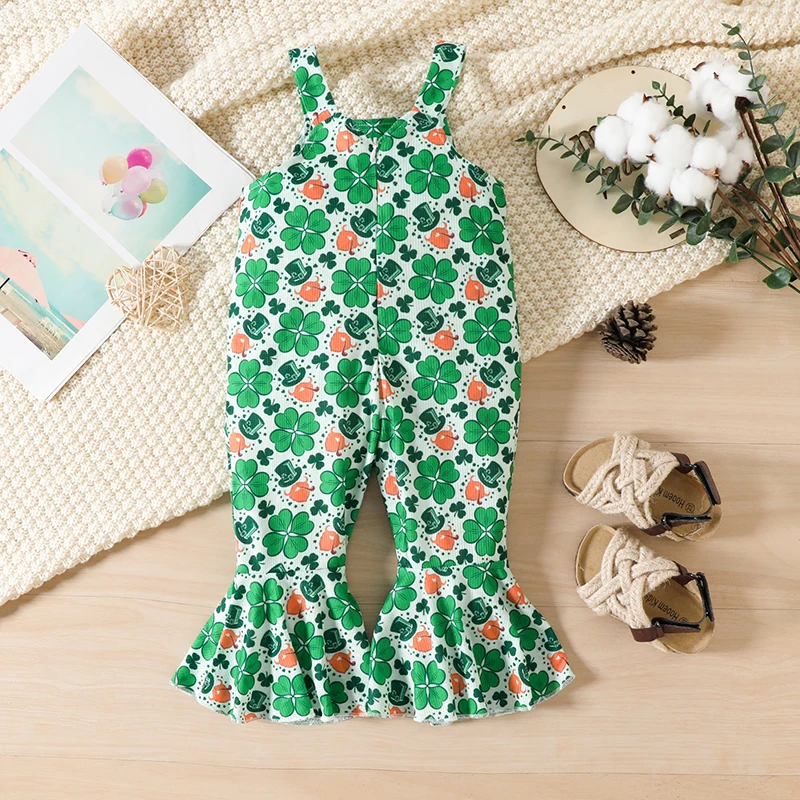 

St Patrick s Day Toddler Girls Green Clover Print Ruffle Sleeve Romper Lucky Charm Flare Pants Jumpsuit for Irish Festival