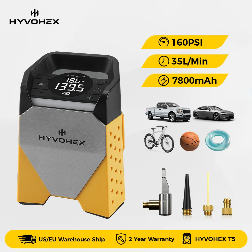 

Портативный воздушный компрессор для накачивания шин HYVOHEX T5, быстрая накачка на 1 минуту и 100% рабочий цикл, воздушный насос 160 фунтов на квадратный дюйм для автомобилей