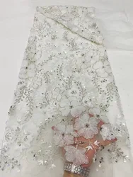 Sewing Net Cloth  Beads Stone Prom Dresses Nigerian Sequins Embroidery Tulle Lace Fabric High Quality 5Yards 2024 DP0209