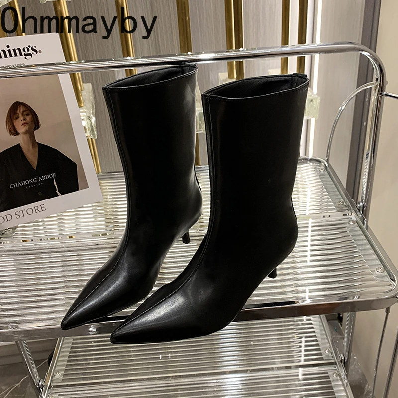 Korean Version Pointed Toe Women Short Boots Fashion Slip On Shoes Autumn Elegant Low Heel Ladies Mid Calf Booties