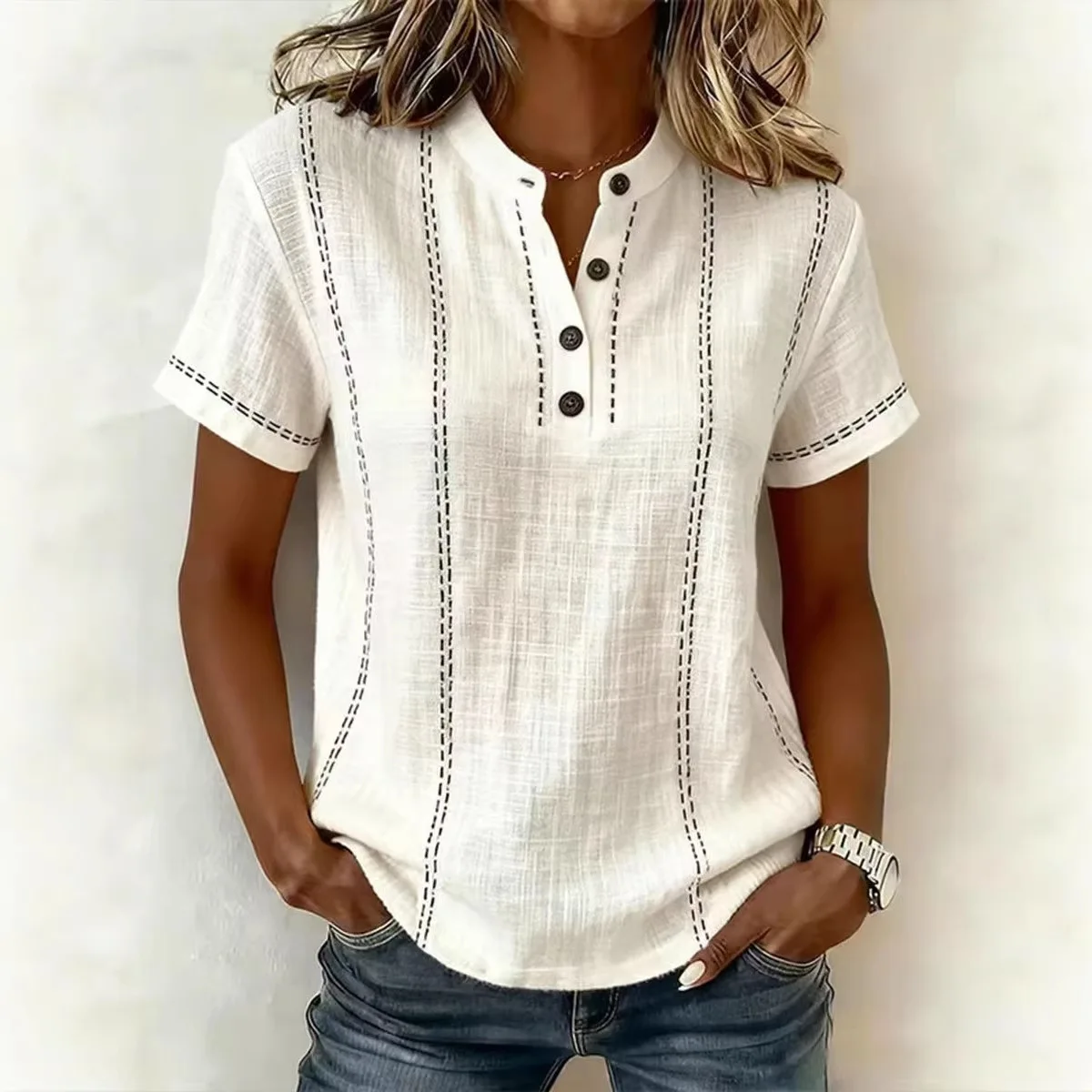 Oversized Summer Women Stripes Vintage Short Sleeve V-Neck Blouse Female Elegant Tops Clothes Casual Shirts Ladies Blusas
