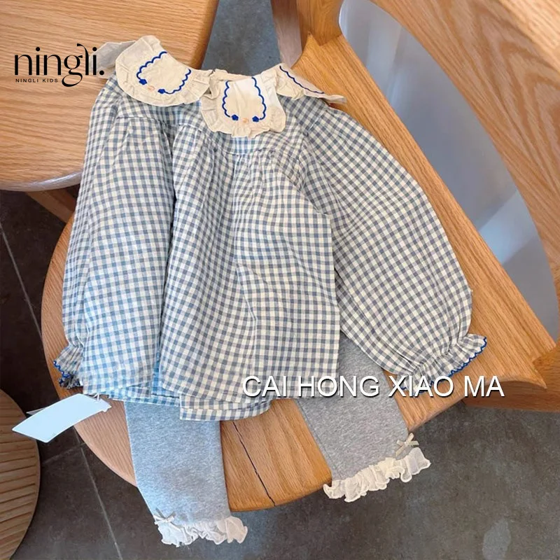 

Autumn Clothes Children's Wear Girls' Puff Sleeve Shirt Children's Western Style Blue Plaid Baby Doll Shirt Long Sleeve Top