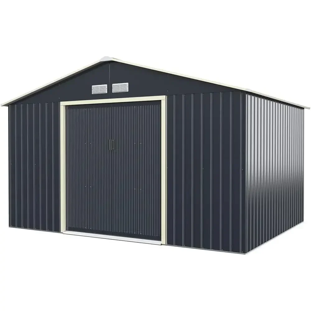 

11x8 ft Galvanized Steel Outdoor Storage Shed with Double Sliding Doors, Ventilated, Weatherproof for Garden, Patio, Lawn