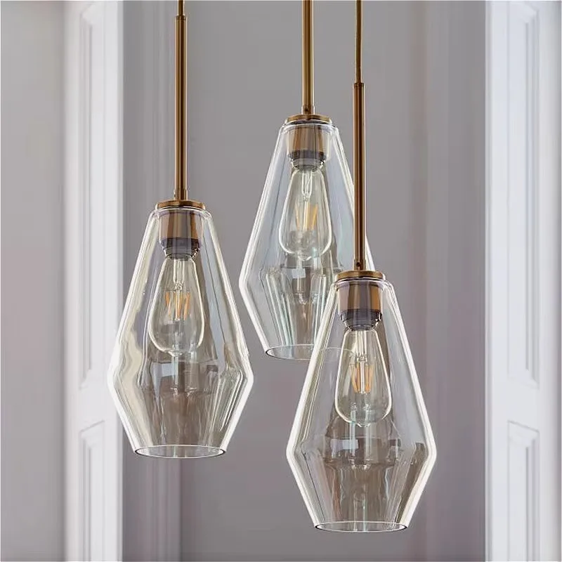 Nordic Champagne Color Rhombus Glass Chandelier Dinning Table Bedroom Restaurant Lighting Design Golden Long Rod Pendant Lamp