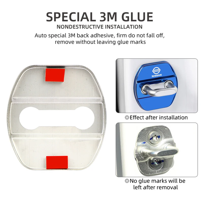 لنيسان X-trail قاشقاي ملاحظة جوك سنترا باترول نافارا ميكرا اكسسوارات 4 قطعة الفولاذ المقاوم للصدأ قفل باب السيارة غطاء تصفيف السيارة #3