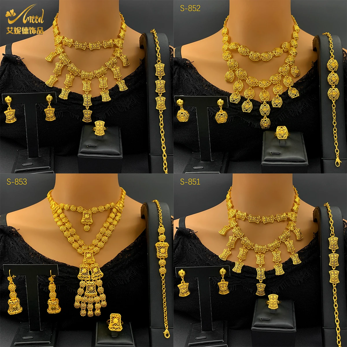 Luxury Ethiopian Tassel 24K Gold Color Jewelry Set For Women Bridal Nigerian Indian Necklace Bracelet Earring Ring Sets Party