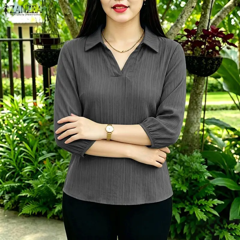 

2026 Woman Textured Blouses Turn-Down Collar 3/4 Puff Sleeve Solid Color Pullover Tops ZANZEA Summer Daily Casual Blusas Mujer
