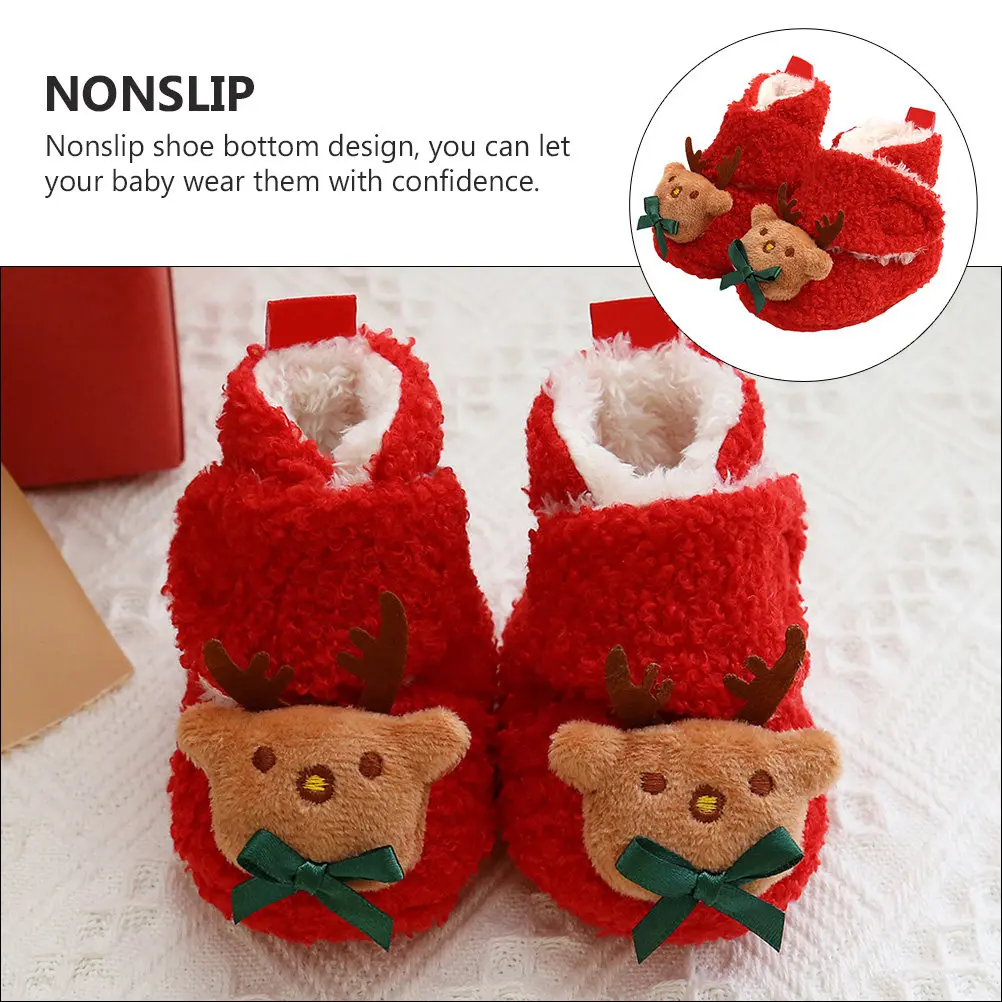 1Pair Christmas Cartoon Baby Shoes Soft Comfortable Nonslip Sole Elastic Ankle Strap Warm Toddler Boots Size 22 Red