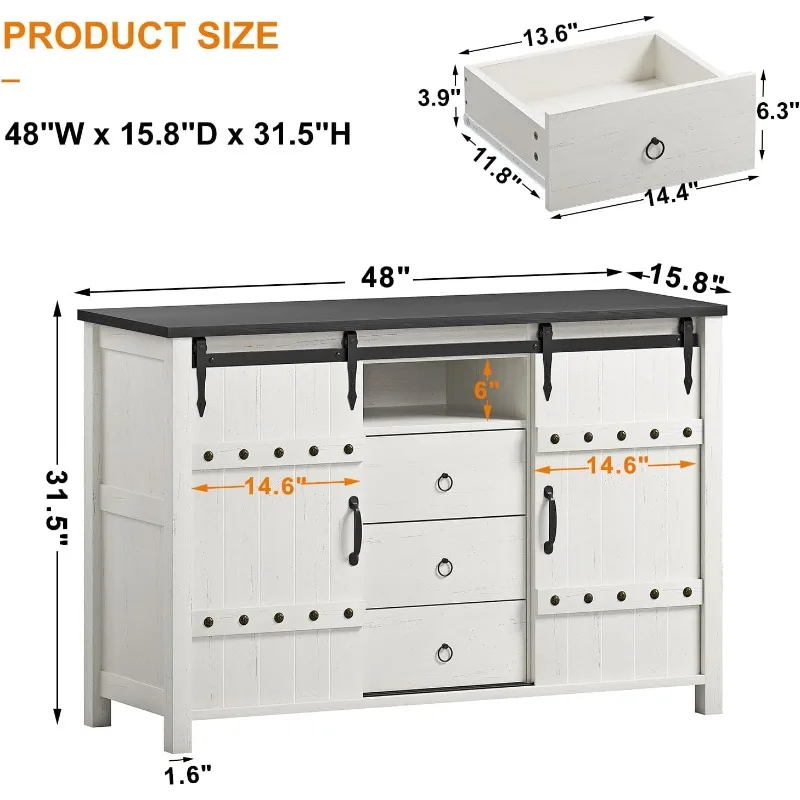 Self-service cabinet with storage, 48-inch sideboard with sliding barn door and 3 drawers